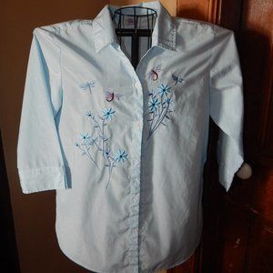 Ladies Button-Front Blouse-Top ~~ 3/4 Sleeve ~ Size Large ~ Embroidered